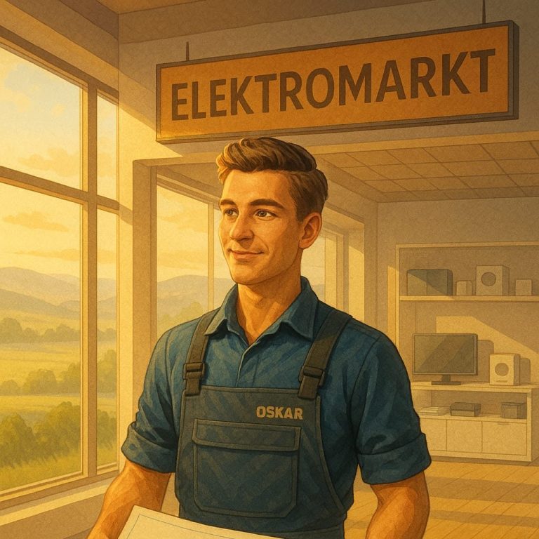 Visionäres Projekt - Elektromarkt Junger Mann im blauen Hemd steht in einem Elektromarkt und hält einen Plan in der Hand.
