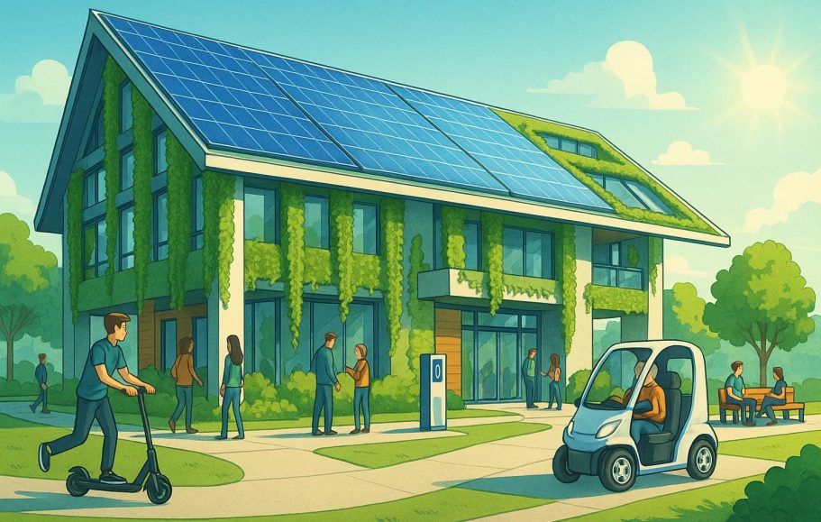 Zukunft bauen Modernes, umweltfreundliches Gebäude mit Solarpanelen und Menschen in der Umgebung.