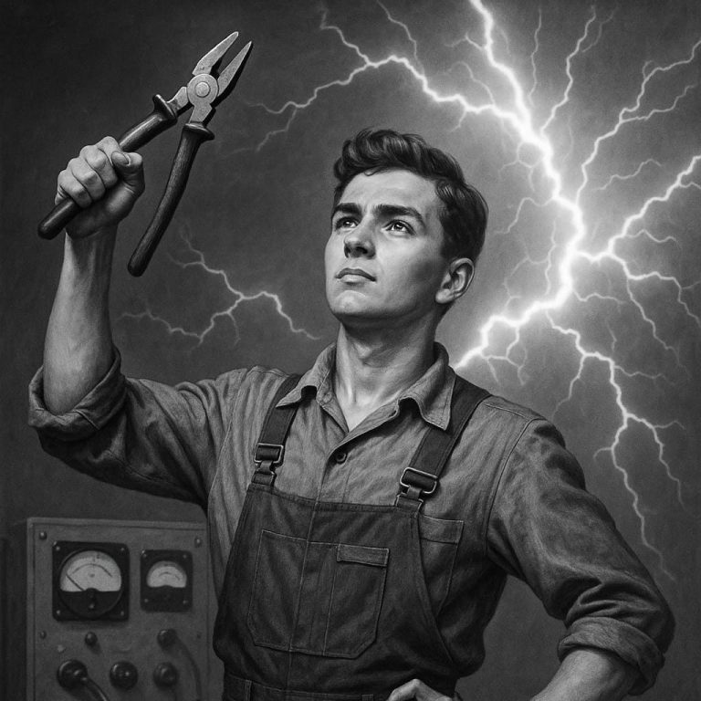 Oskar als junger Elektromeister Junger Mann mit Zange, hält sie hoch, während Blitze im Hintergrund zu sehen sind.