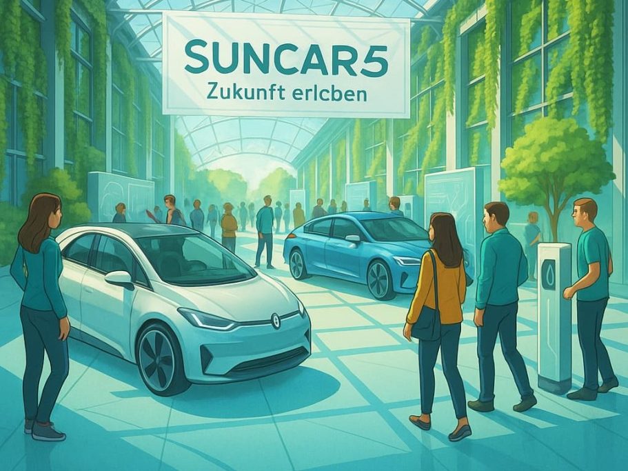 Ausstellungshalle SUNCAR5 Zwei Elektroautos in einer hellen, modernen Umgebung mit Menschen und Pflanzen.